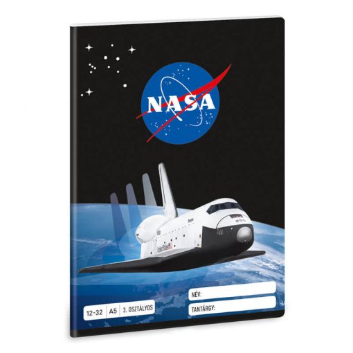 NASA tűzött füzet A/5, 32 lap vonalas 3.osztály (12-32), fekete, űrsiklóval