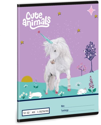 Unikornis tűzött füzet A/5, 32 lap vonalas 3.osztály (12-32), Cute Animals, Unicorn