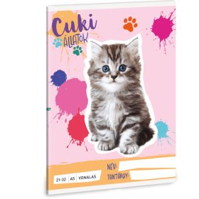   Cuki állatok tűzött füzet A/5, 32 lap vonalas (21-32), perzsa cica (macska), 2025