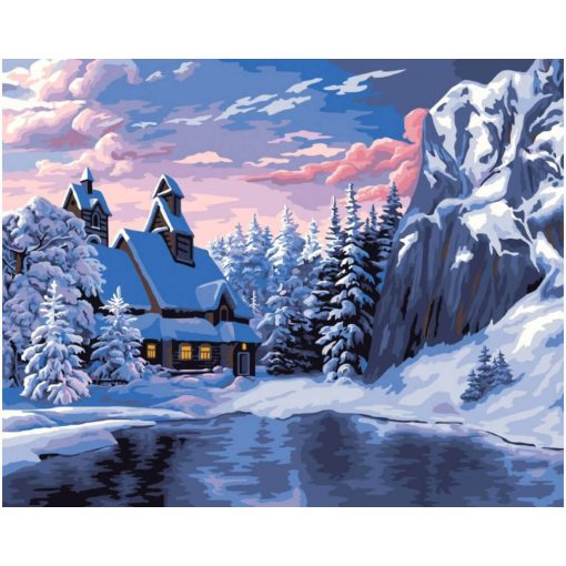 Festés számok szerint, havas ház a hegyekben, 40x50cm