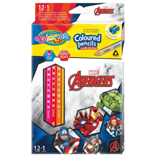Színes ceruzakészlet 12+1, hegyezővel, Colorino trio, háromszög test, Marvel Avengers