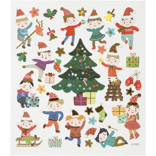 Karácsonyi matrica, gyerekek a fa körül, 15x17cm