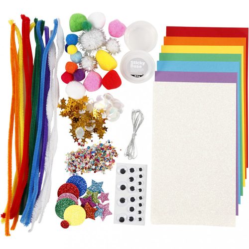 Kreatív csomag (színes papír, dekorgumi, mozgó szemek, pom-pom, zsenília, stb.), szivárványos