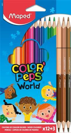 Színes ceruzakészlet, 12+3 db-os, Maped Color Peps World, háromszög test, bőrszínű ceruzákkal