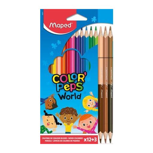 Színes ceruzakészlet, 12+3 db-os, Maped Color Peps World, háromszög test, bőrszínű ceruzákkal
