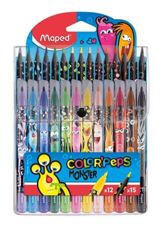 Filctoll és színes ceruzakészlet, 12+15 db-os, Maped Color Peps Monster