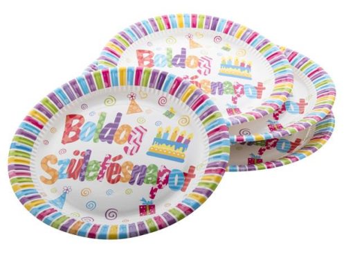 Boldog születésnapot papír tányér, 23cm-es, 6 db/csomag, vidám színek