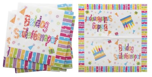 Boldog születésnapot szalvéta, 33x33cm, 3 rétegű, 16 db/csomag, vidám színek