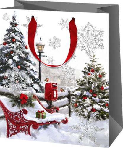 Karácsonyi ajándéktáska 33x27x14cm, nagy, havas utca