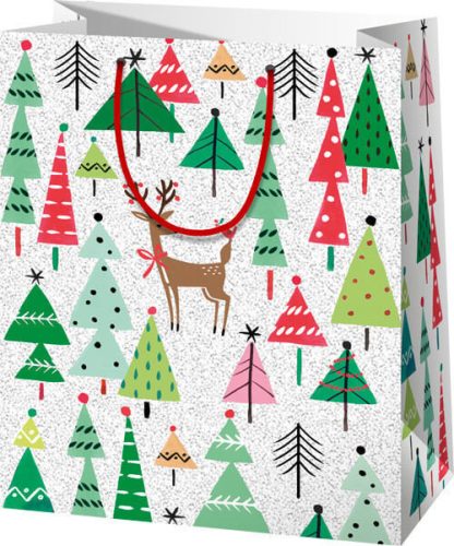 Karácsonyi ajándéktáska 23x18x10cm, közepes, csillogó, szarvas az erdőben