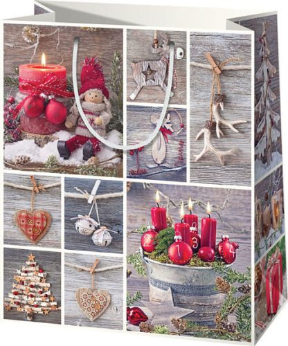 Karácsonyi ajándéktáska 23x18x10cm, közepes, szürke-piros, dekorációk