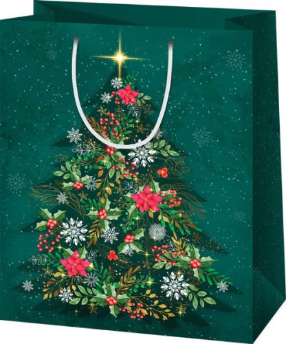 Karácsonyi ajándéktáska 14x11x6cm, kicsi, zöld, fenyőfa