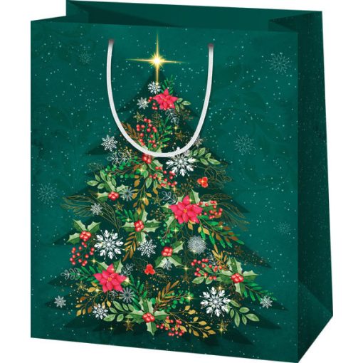 Karácsonyi ajándéktáska 33x27x14cm, nagy, zöld, fenyőfa