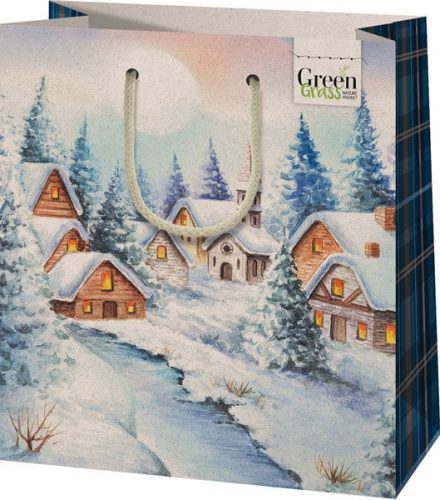 Karácsonyi ajándéktáska 23x18x10cm, közepes, green, házikók