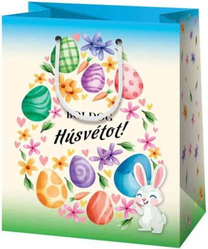Húsvéti ajándéktáska 23x18x10cm, közepes, vidám nyuszi tojásokkal, Boldog húsvétot!