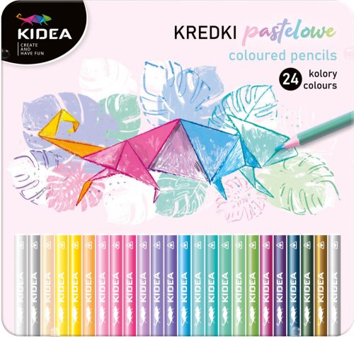 Színes ceruzakészlet, 24 db-os, fémdobozos, pasztell, háromszög test, Kidea