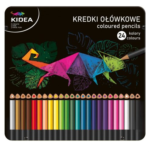Színes ceruzakészlet, 24 db-os, fémdobozos, pasztell, háromszög test, Kidea