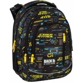  Fiús hátizsák, iskolatáska, 3 rekeszes, 39x27x20cm, BackUp, 2025, R50, fekete-sárga, Cyber Attack