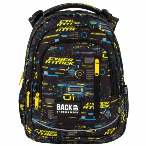 Fiús hátizsák, iskolatáska, 3 rekeszes, 39x27x20cm, BackUp, 2025, R50, fekete-sárga, Cyber Attack
