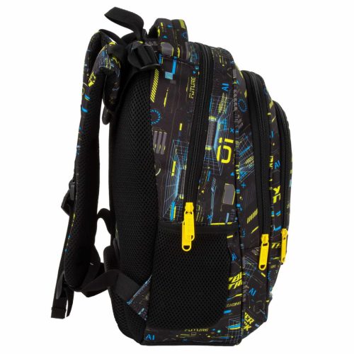 Fiús hátizsák, iskolatáska, 3 rekeszes, 39x27x20cm, BackUp, 2025, R50, fekete-sárga, Cyber Attack