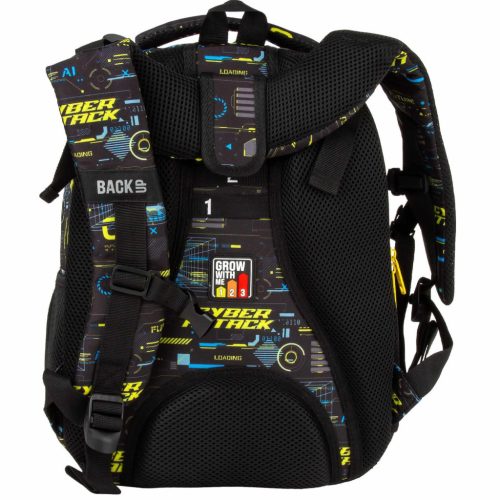 Fiús hátizsák, iskolatáska, 3 rekeszes, 39x27x20cm, BackUp, 2025, R50, fekete-sárga, Cyber Attack