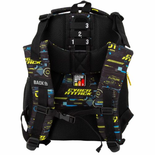 Fiús hátizsák, iskolatáska, 3 rekeszes, 39x27x20cm, BackUp, 2025, R50, fekete-sárga, Cyber Attack