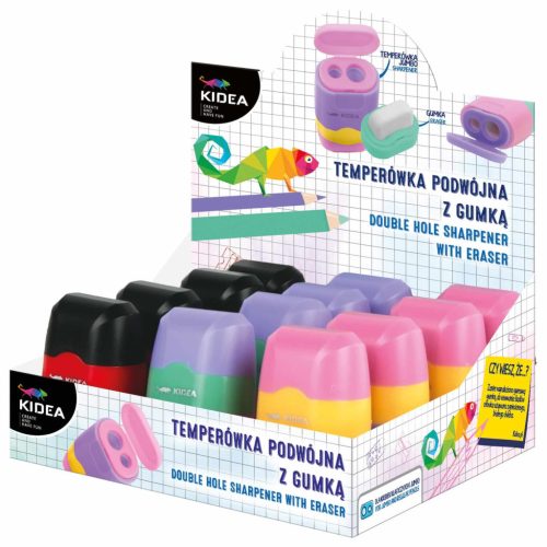 Hegyező, tartályos, 2 lyukú, radírral, többféle, Kidea