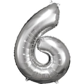 Ezüst Silver óriás szám fólia lufi 6-os, 86x58 cm
