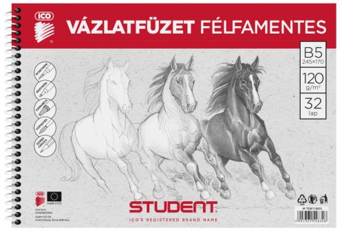 Spirál vázlatfüzet B/5, famentes, 32lap, Student