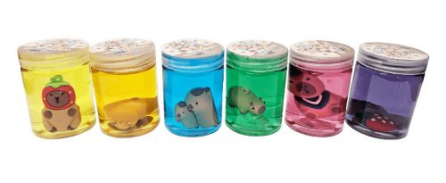 Slime 7x5cm-es műanyag palackban, kapibara figurával, 6 féle változat