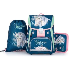   Unikornis csatos ergonomikus iskolatáska tolltartóval és tornazsákkal, Premium, sötétkék