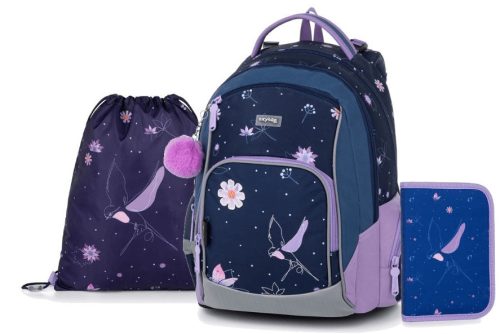 Virágos ergonomikus hátizsák, iskolatáska tolltartóval és tornazsákkal, OXY GO Flowers, fecskével
