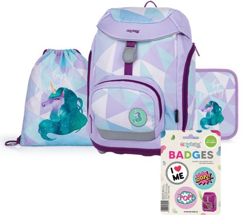 Unikornis ergonomikus hátizsák, iskolatáska tolltartóval és tornazsákkal, OXY Sherpy Unicorn, lila