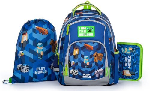 Minecraft mintás iskolatáska tolltartóval és tornazsákkal, Oxy Go, PlayWorld, kék