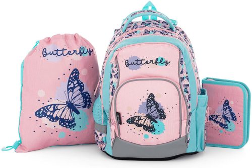 Lepkés ergonomikus hátizsák, iskolatáska tolltartóval és tornazsákkal, Oxy Go, lila