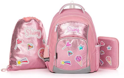 Shiny ergonomikus hátizsák, iskolatáska tolltartóval és tornazsákkal, Oxy Go, rózsaszín