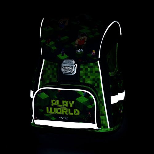 Minecraft mintás csatos iskolatáska szett tolltartóval és tornazsákkal, PlayWorld, zöld