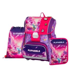   Minecraft mintás csatos ergonomikus iskolatáska tolltartóval és tornazsákkal, Premium, Playworld Girl, lila-rózsaszín