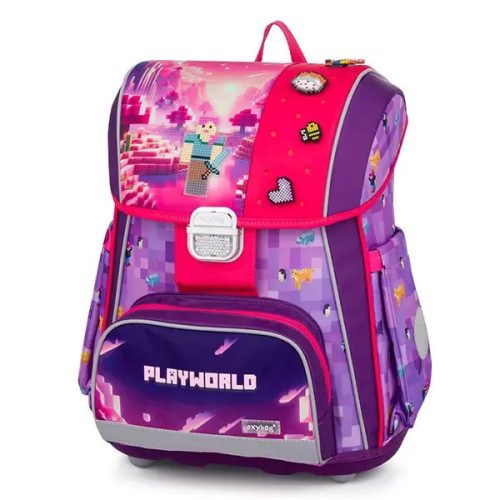 Minecraft mintás csatos ergonomikus iskolatáska tolltartóval és tornazsákkal, Premium, Playworld Girl, lila-rózsaszín