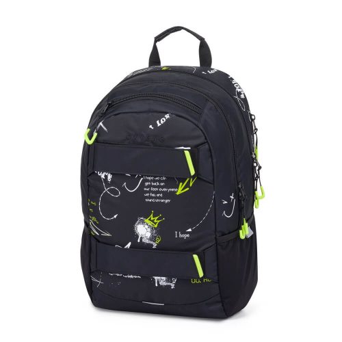 OXY Sport hátizsák, iskolatáska beledobálós tolltartóval, 3 rekeszes, 46x32x16cm, Graffiti, fekete