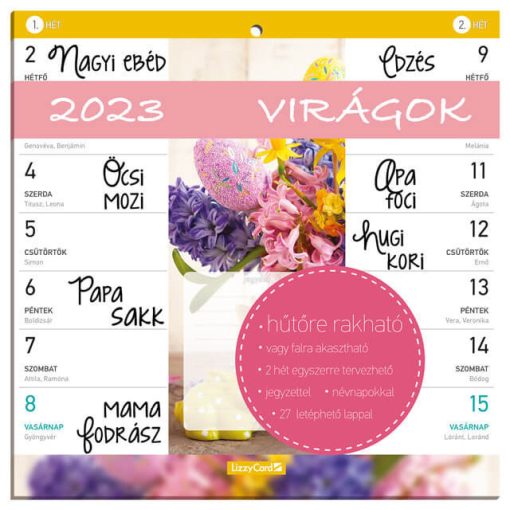 Mágneses kétheti tervező naptár, 22x22cm, 2023, Virágok