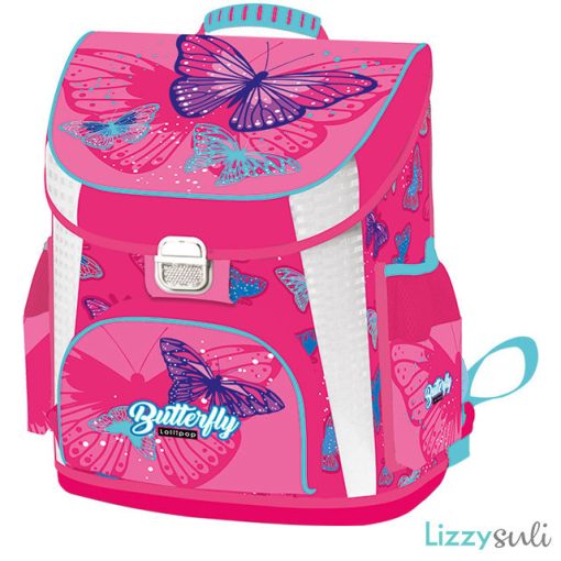 Lepkés csatos ergonomikus iskolatáska prémium 39x35x24cm, Lollipop Pink Butterfly, rózsaszín
