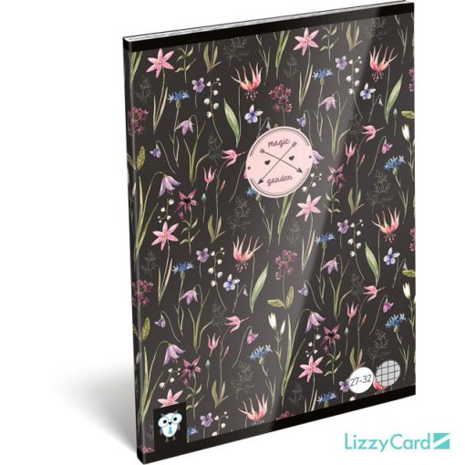 Lizzy Card virágos tűzött füzet A/5, 32 lap kockás, Magic Garden, fekete