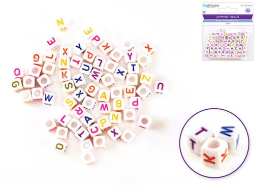 Betű gyöngyök, fehér kocka, színes betűk, 68 db/csomag