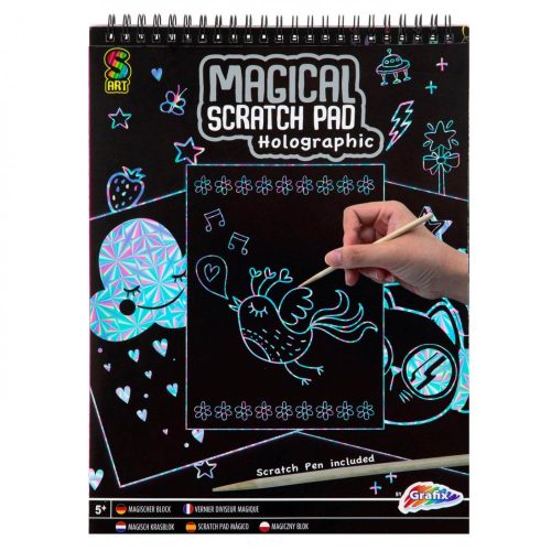 Képkarcoló füzet, A/4, 20 lapos, 2 féle változat (szivárványos vagy hologramos)