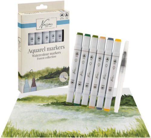 Aquarell filctoll készlet ecsettel, 6+1 db-os, kétvégű, erdei színek