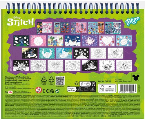 Stitch matricázz számok szerint spirál füzet (10 matricázható kép, 5 lap matrica, 10 színezhető kép), 19x23x2cm