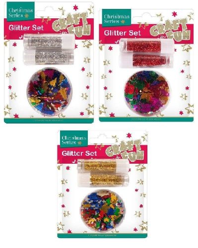 Karácsonyi dekorációs alapanyagok, 3 féle (csillámpor, színes konfettikkel)
