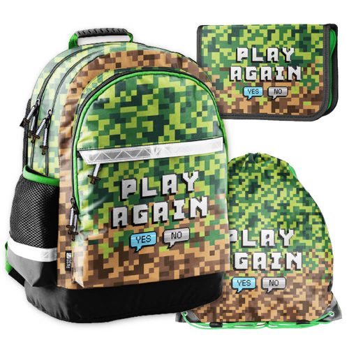 Minecraft mintás hátizsák, iskolatáska, klapnis tolltartóval és tornazsákkal, Pixel, Play again