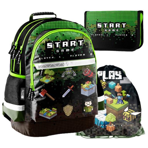Minecraft mintás hátizsák, iskolatáska, klapnis tolltartóval és tornazsákkal, Start Game